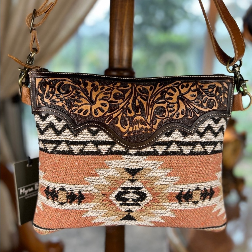 Myra Handtooled Leather Crossbody Aztec Tapestry Bohemian Bag